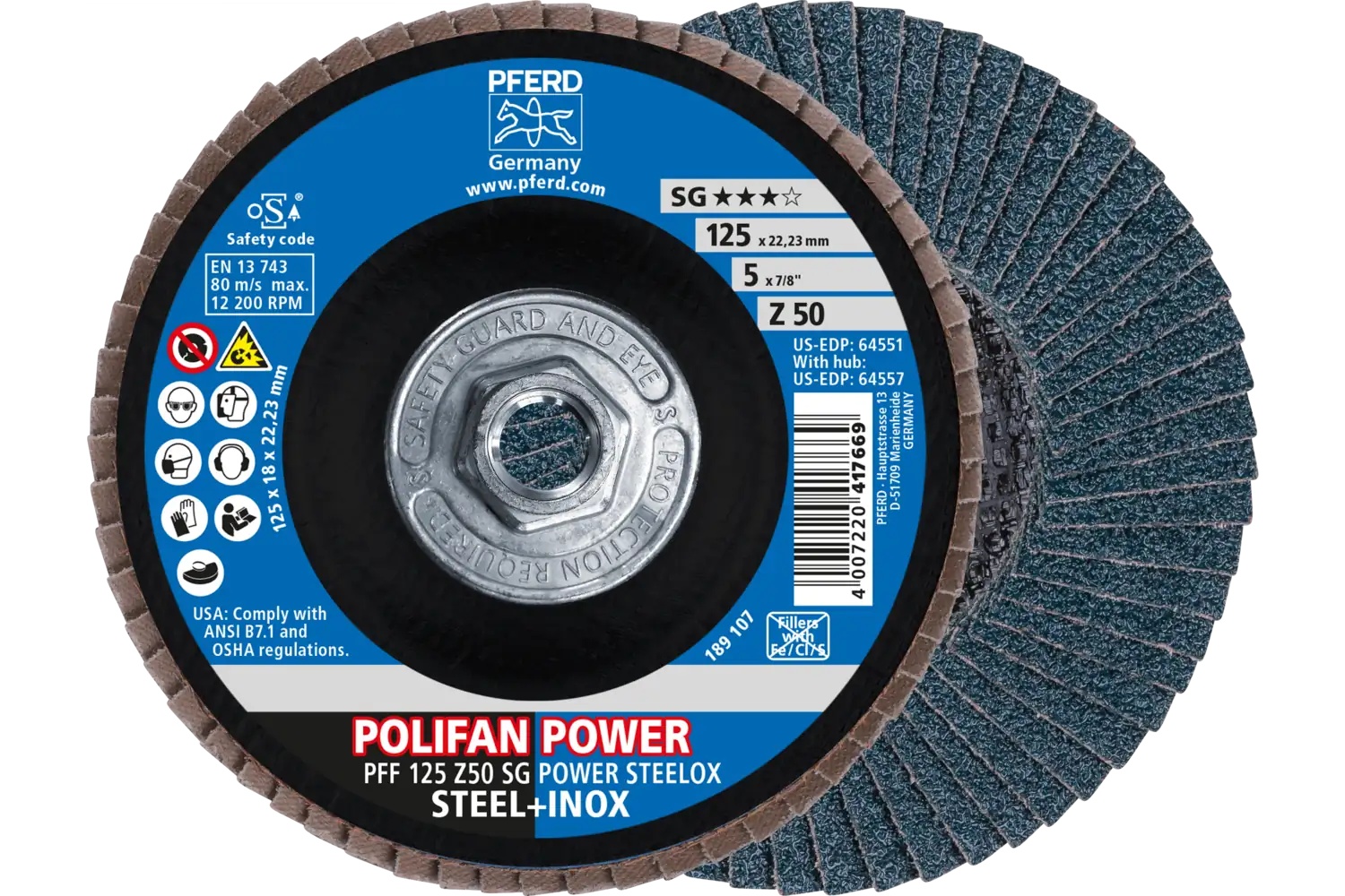 Picture of Pferd Flap Disc, 5" x 5/8-11, Z SG Power Steelox, 50 Grit, T27, Flat, Zirconia